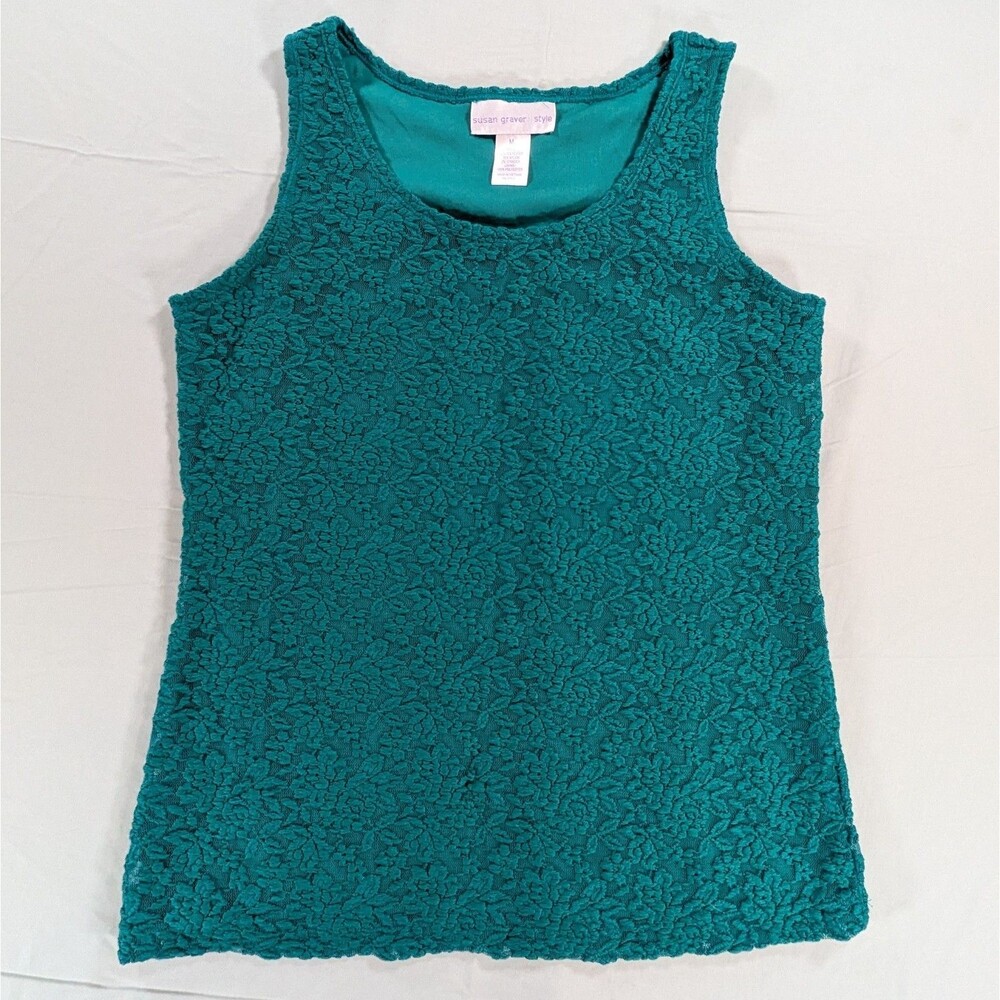 Susan Graver Blouse Medium Green Sleeveless Stretch Tunic Top Round Neck